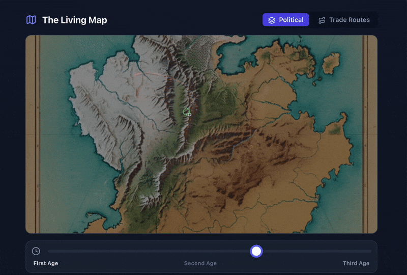 An animation showing a character update automatically appearing on a city dashboard in Mythoskit.